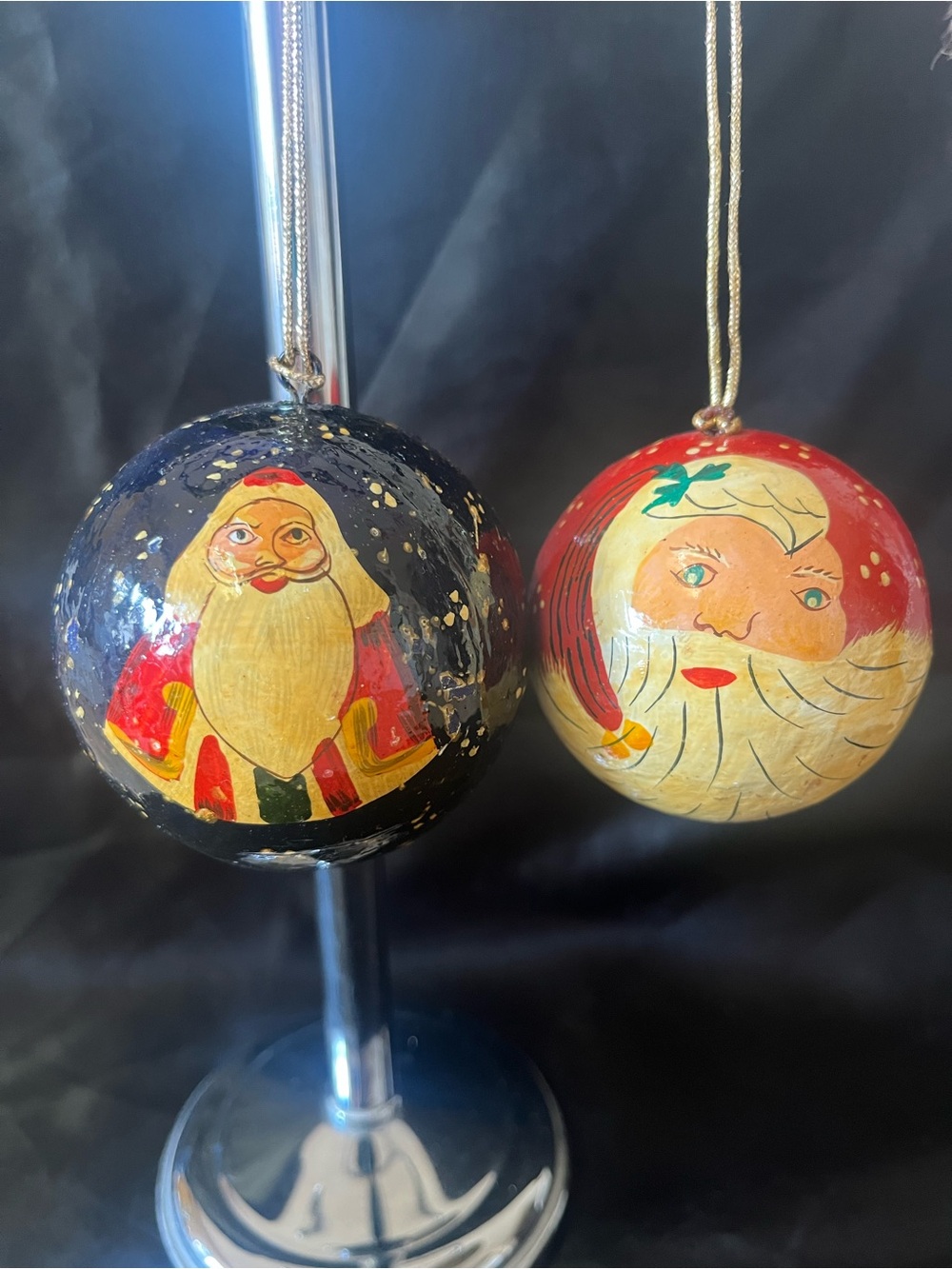 Vintage Santa Paper Mache Hand Painted Red & Blue Christmas Tree Ornaments
